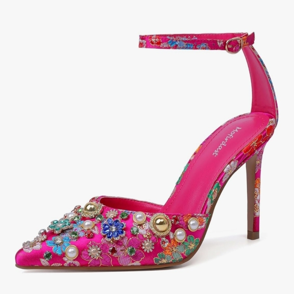 Elegant Pink Floral Embellished Heels